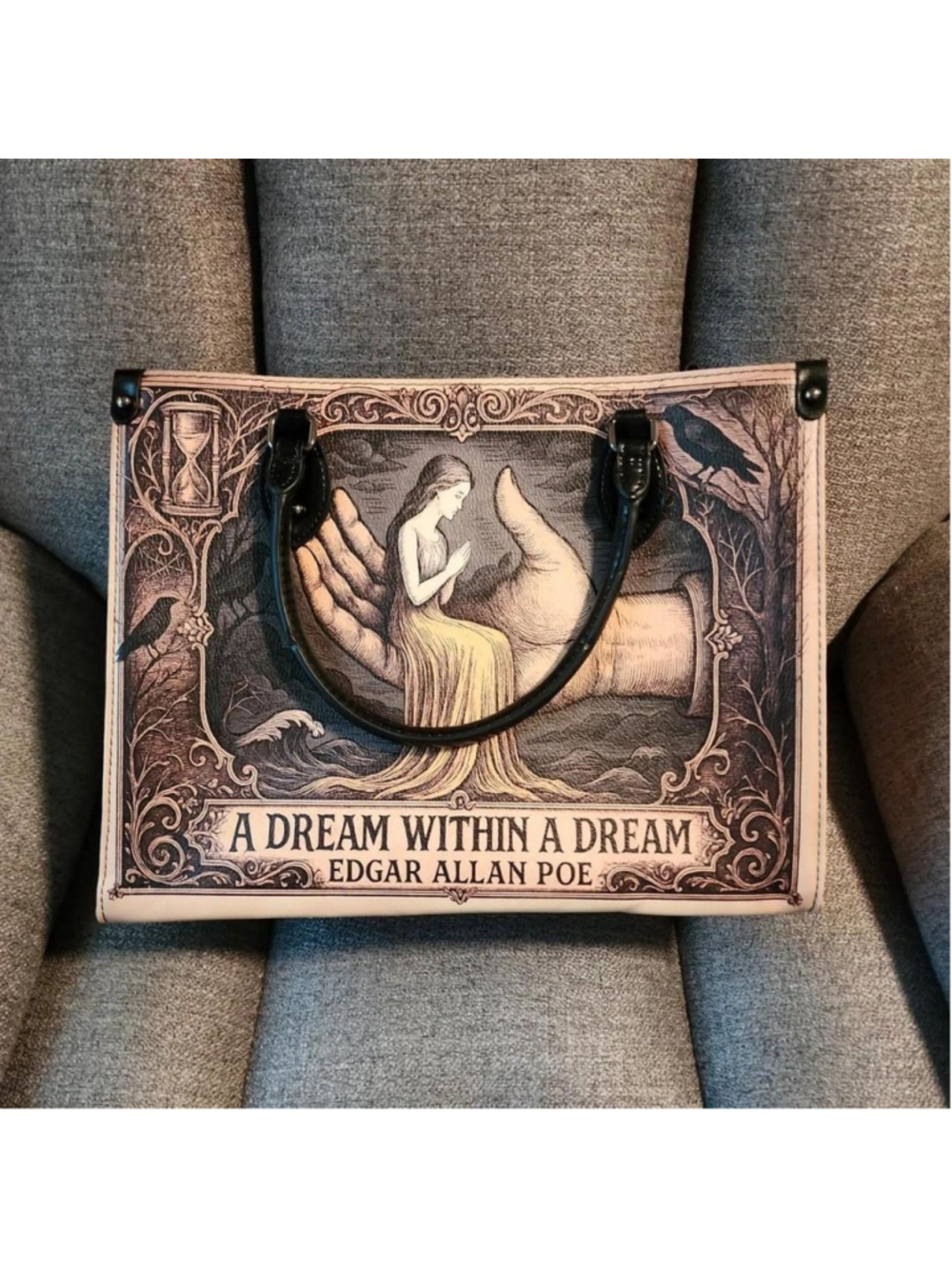 Edgar Allan Poe "A Dream Within a Dream" handbag with graphic of a woman in a ha